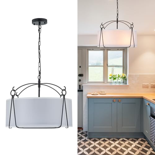 4 Light Modern Layered Fabric Dining Room Light Fixtures Over Table 20.5 Drum Chandelier for Dining room, Living room, Bedroom, Kitchen or Foyer. Black Drum Pendant Light with Adjustable Height